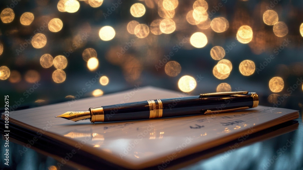 Aufkleber pen and paper resting on a table with a bokeh background