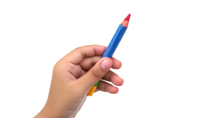 A hand holding a crayon on white transparent background