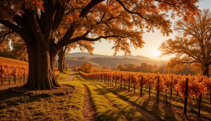 Naklejka premium Autumn vineyard landscape with golden leaves at sunset. Late fall on Italian, French, Spanish, German , American vine plantations at dawn at leaf fall, road, path, mountains, plains.
