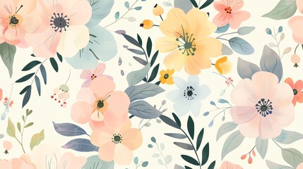 A seamless pattern of pastel-colored flowers and leaves on a light cream background.