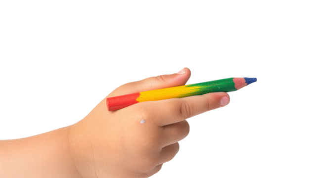 A hand holding a crayon on white transparent background