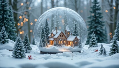 Snowy Christmas Village in Glass Snow Globe with Pine Trees.  New Year, Christmas gift with glowing houses during snowfall, Christmas trees, snow roofs, snowdrifts, forest winter background with ligh
