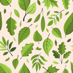 Seamless pattern with different tree leaves. Green lush foliage endless background for textile, notebooks cover, scrapbooking, eco friendly design