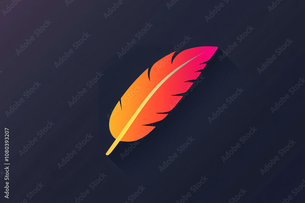 Poster bright feather in a smooth orange and pink gradient with a sleek shadow on a dark background represe