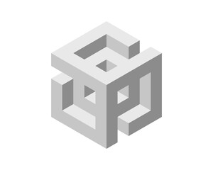 Cube logo, geometric vector design. Box logotype company, trendy tech emblem in pixel style.