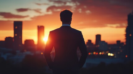 Man stands silhouette against city skyline. A powerful image of ambition and success at sunset.