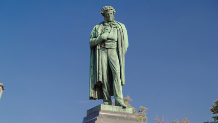Monument to russian poet Alexander Pushkin on Pushkin Square timelapse hyperlapse, Moscow, Russia