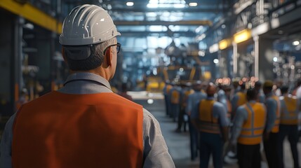Company manager giving a presentation to a group of workers.