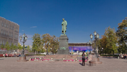 Monument to russian poet Alexander Pushkin on Pushkin Square timelapse hyperlapse, Moscow, Russia
