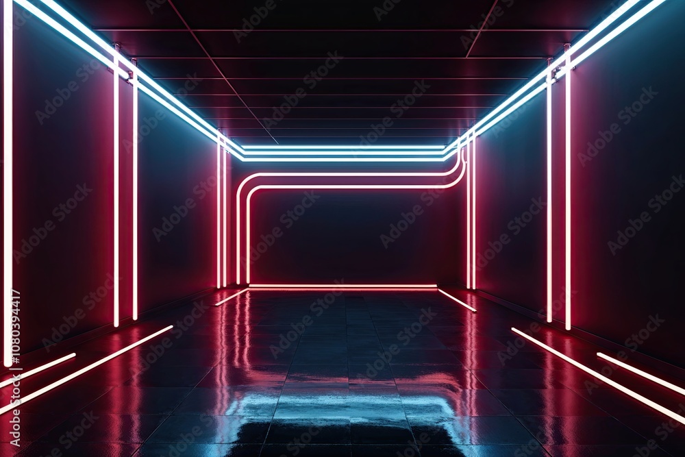 Poster 3d render of abstract neon background with glowing fluorescent lines and floor reflection