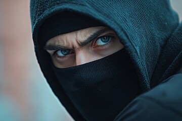Naklejka premium Close-Up of a Thief Wearing a Black Balaclava Mask, Intensely Staring with Icy Blue Eyes in an Urban Setting