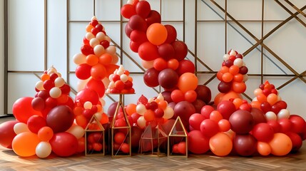 Red, orange, and white balloons arranged in a festive display, featuring gold geometric accents and a wooden floor.