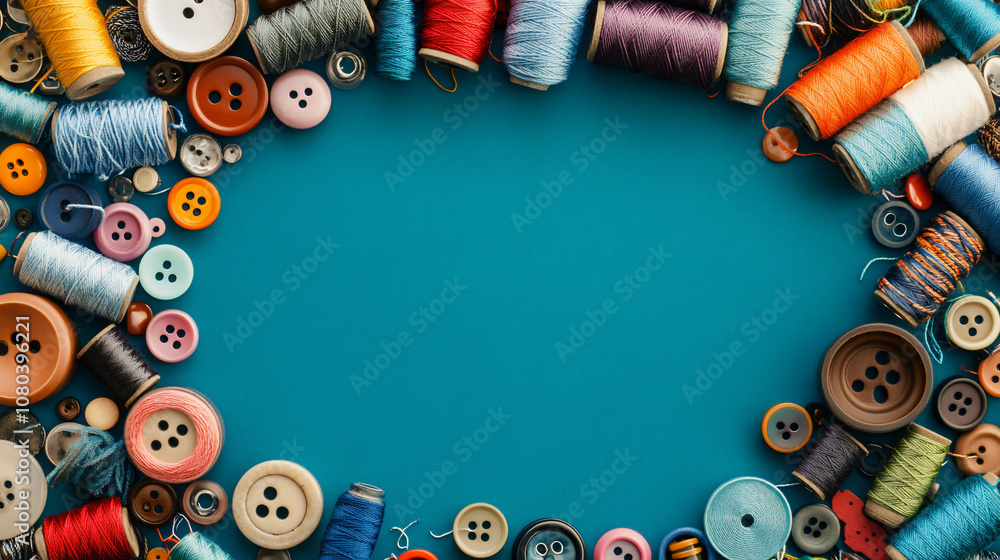 Poster Colorful sewing threads and buttons forming a frame on a vibrant teal background with copy space
