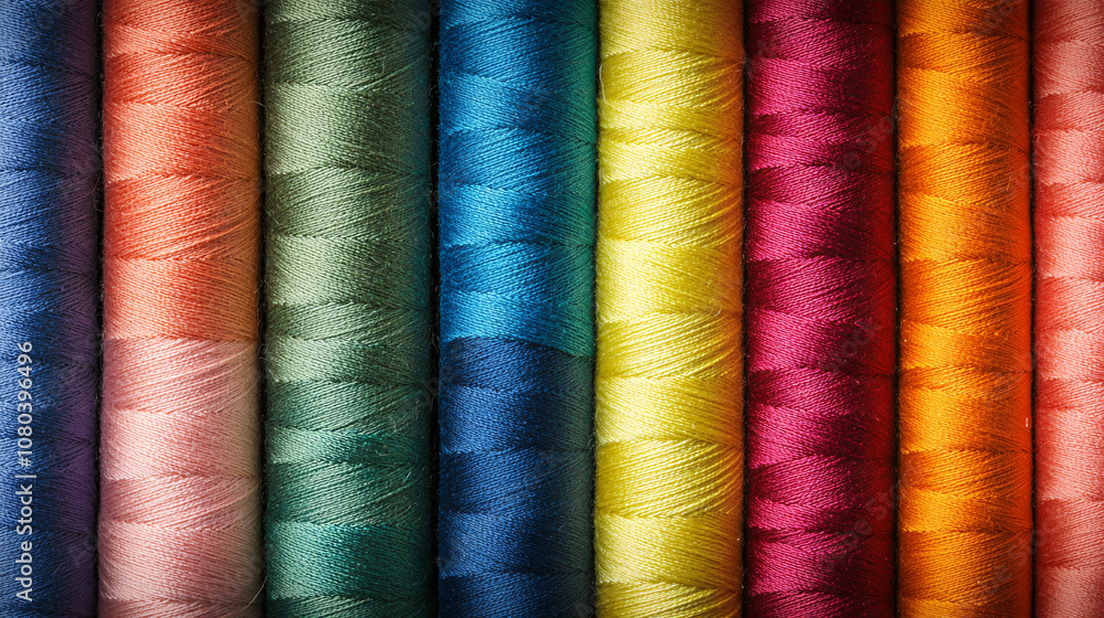 Poster Colorful selection of thread spools, each displaying a unique shade, are neatly arranged in a row, presenting a charming range of colors for all your sewing and needlework needs