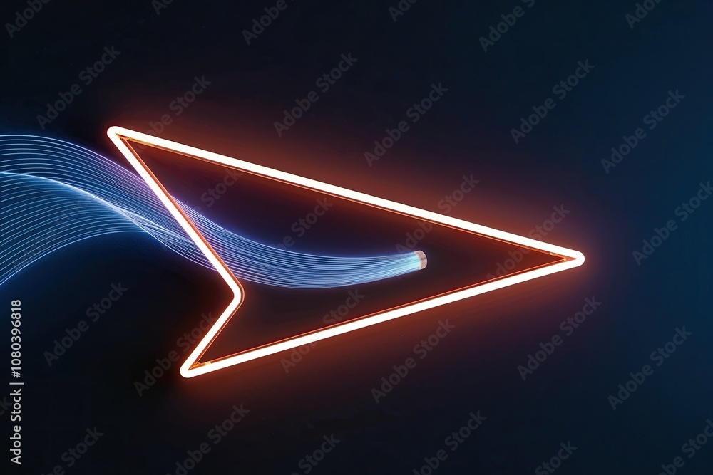 Poster three-dimensional neon arrow swerves upward with shimmering light on a dark background