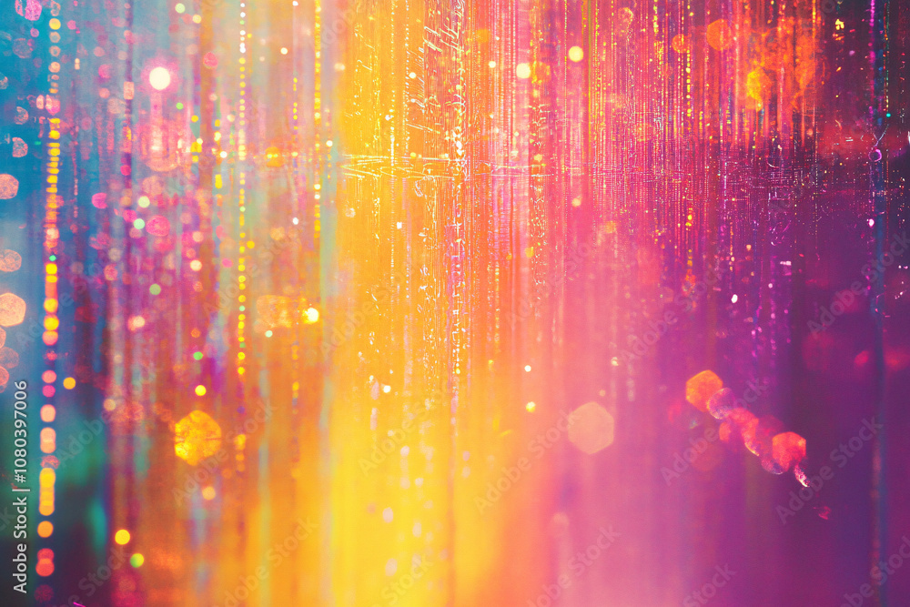 Poster vivid cascading lights in warm orange and magenta tones with shimmering textures creating an abstrac