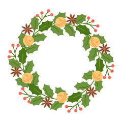 Christmas wreath decorated with Christmas bells, red berries, and anise