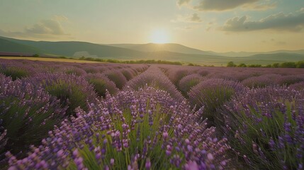 Naklejka premium A field of lavender flowers in bloom with a sunset in the background.