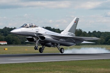 Fototapeta premium Highly Detailed Silver Jet Aircraft Landing in Flight