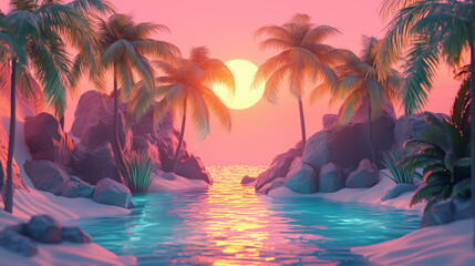 Magical Tropical Sunset Over Pink Sandy Riverbanks With Palms