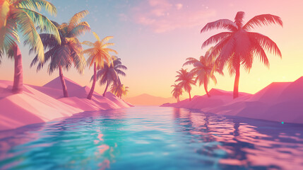 Vibrant Tropical Sunset Over Serene River With Palm Trees And Pink Sand