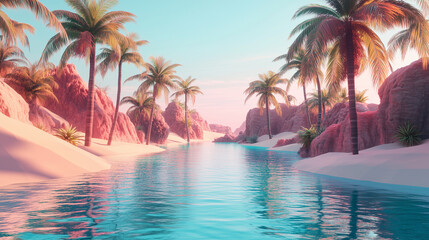 Fototapeta premium Bright Tropical Morning By River With Pink Sand And Rocky Landscape