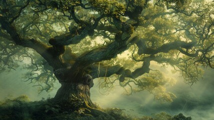 Ancient Oak Tree in Misty Morning Light