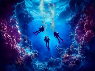 Group of scuba divers exploring vibrant underwater landscape beneath crystal-clear ocean, surrounded by colorful coral reefs and marine life, descending into the depths
