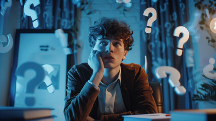 A young man sitting at a desk, looking confused and deep in thought, surrounded by floating question marks