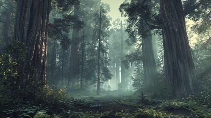 Obraz premium Misty Redwood Forest with Towering Trees