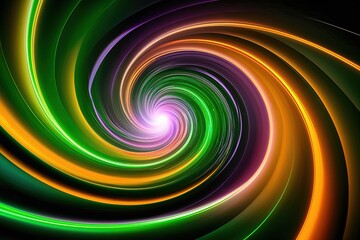 Obraz premium Dynamic Swirl of Green, Orange, and Purple with Luminous Flare on Deep Shadow Background