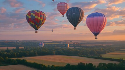 Fototapeta premium A serene landscape featuring colorful hot air balloons floating over fields at sunset.