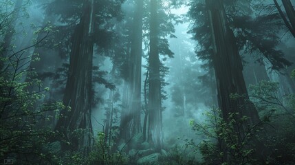 Obraz premium Misty Redwood Forest with Towering Trees