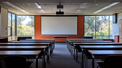 An empty classroom with a large whiteboard at the front, chairs and tables neatly arranged, creating a quiet and organized learning atmosphere