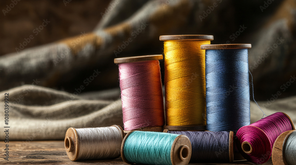 Poster vibrant sewing thread spools standing on a weathered wooden table with a soft-focus fabric backdrop