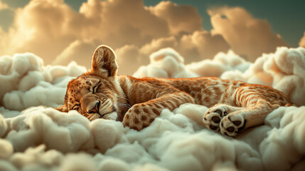 Obraz premium Lion cub curled up on fluffy clouds. In style of surreal golden light dreamscape.