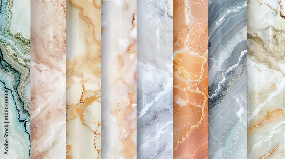 Poster a collection of 8 marble textures in various colors, suitable for backgrounds and design projects.