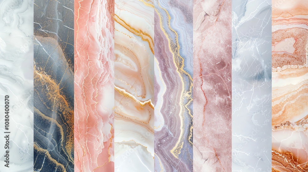 Poster a collection of 8 marble textures in various colors, suitable for backgrounds and design projects.