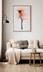 Minimalist Living Room Interior with Watercolor Tree Art Print