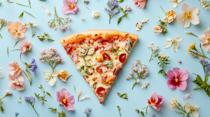Creative pizza slice decorated with blooming spring flowers, artistically arranged on a pastel blue flat lay background for advertising a restaurant