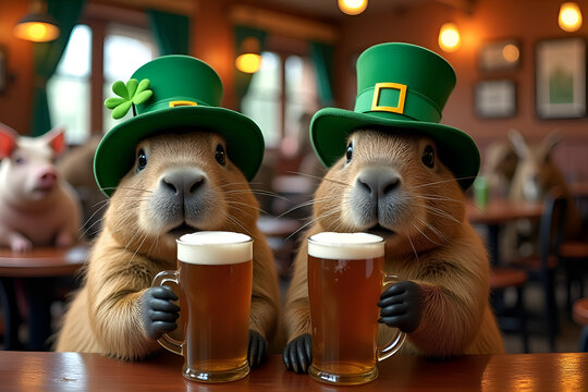Two capybaras cheerfully celebrate St. Patrick's Day with a beer in an Irish pub