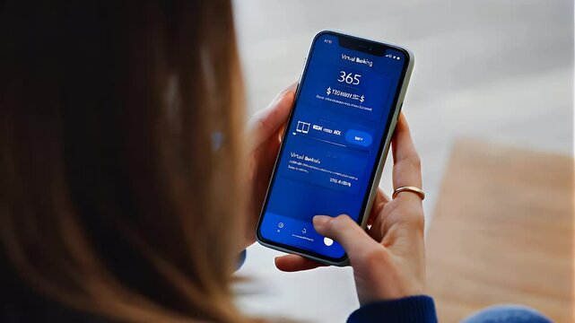A woman uses her phone to access a banking app, showing her balance and options for online banking.