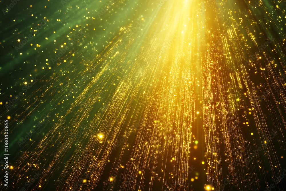 Poster golden light rays cascading through a dark green background with sparkling particles