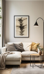 Modern living room interior with white sofa abstract painting and floor lamp