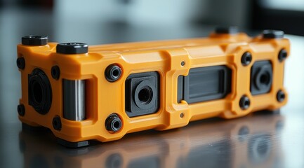 Fototapeta premium A close-up of an orange, futuristic, modular device with black accents and screws, on a reflective surface.