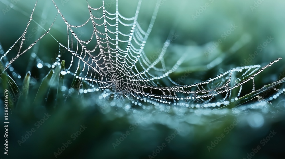 Wall mural close-up of a spider web with dewdrops on grass, creating a delicate and intricate pattern against a