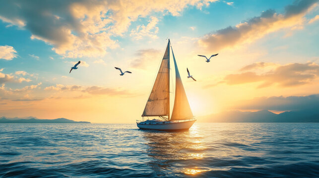 Aerial view of a sailboat gracefully navigating the calm open sea during a vibrant sunset with soaring seagulls in the background