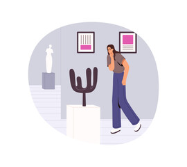 Visitor walks in contemporary art gallery, enjoys of abstract expositions, paintings. Girl looking at sculptures, pictures in museum exhibition. Flat isolated vector illustration on white background