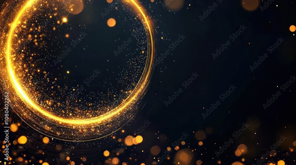 Poster abstract golden circle design with sparkling lights on a dark background