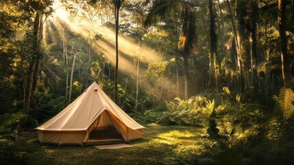 Morning light on a tent blending with natural surroundings in the forest